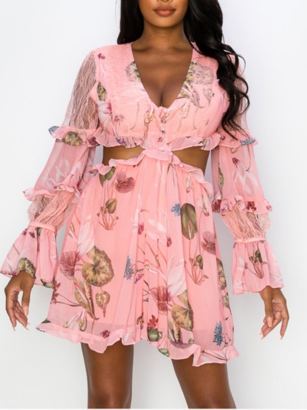 Rosevelvet Pink Floral Cutout Romper with Ruffle Details